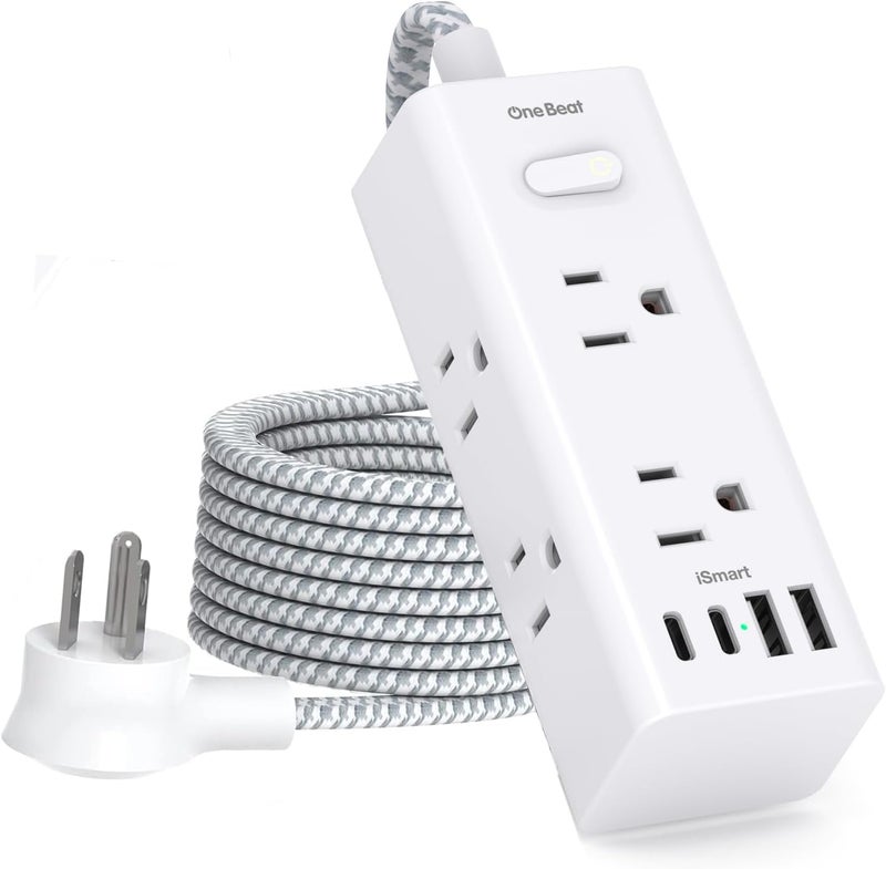 One Beat Short Extension Cord 3Ft, Flat Plug Power Strip Surge Protector - 6 Widely Outlets with 3 USB Ports (1 USB C), Wall Mount Small Power Strip for Travel Home Office College Dorm - Image 1