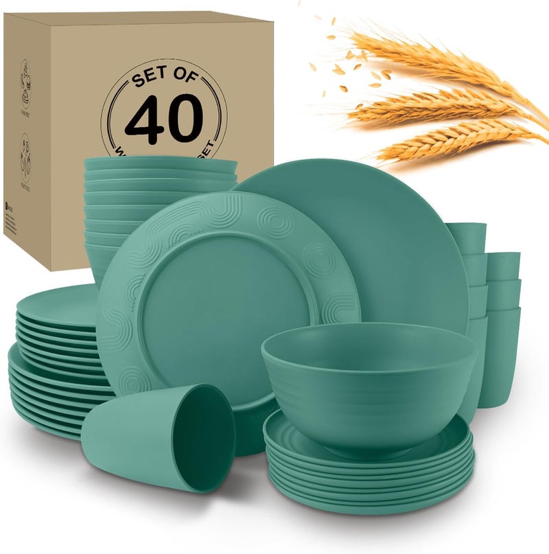 Wrova 40Pack plates and bowls sets for kids  Unbreakable wheat straw dinnerware sets service for 8  Alternative plastic 40pcs dish sets for kitchen camping and indoors dinning  Green - Image 1