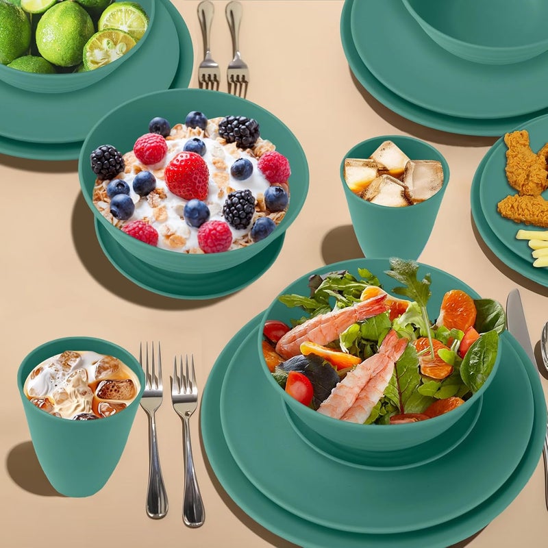 Wrova 40Pack plates and bowls sets for kids  Unbreakable wheat straw dinnerware sets service for 8  Alternative plastic 40pcs dish sets for kitchen camping and indoors dinning  Green - Image 5