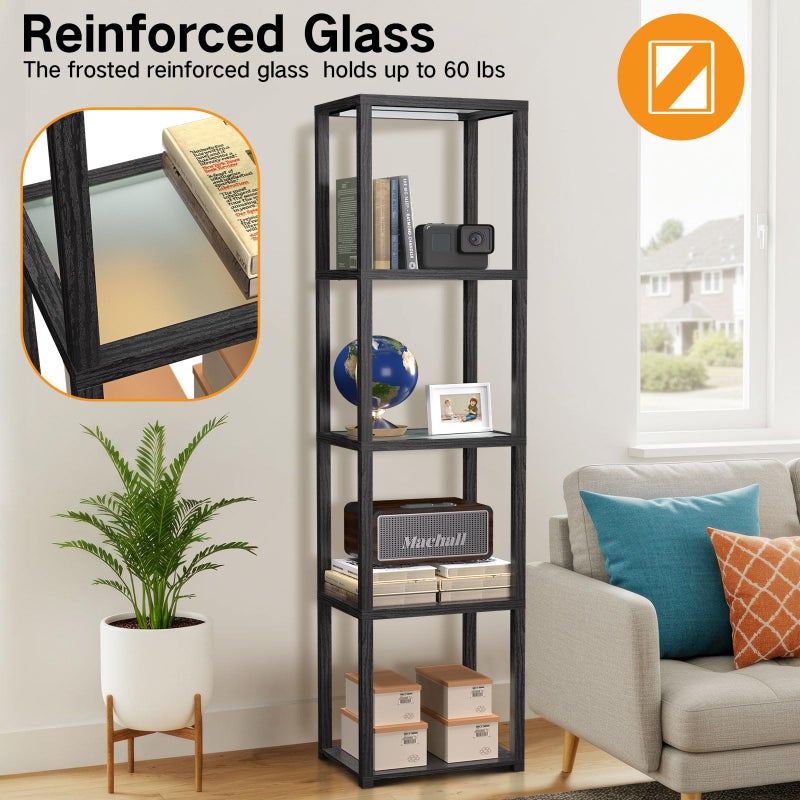 OUTON 67" Glass Display Shelf with Dimmable LED Floor Lamp, Collectibles Display Cabinet with Remote & App Control, 5 Tier Open Bookshelf Lamp for Living Room, Bedroom, Office, Home Decor, Black - Image 5