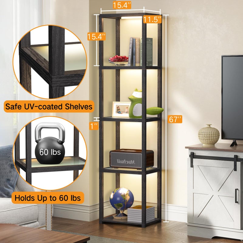 OUTON 67" Glass Display Shelf with Dimmable LED Floor Lamp, Collectibles Display Cabinet with Remote & App Control, 5 Tier Open Bookshelf Lamp for Living Room, Bedroom, Office, Home Decor, Black - Image 2