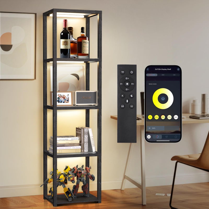 OUTON 67" Glass Display Shelf with Dimmable LED Floor Lamp, Collectibles Display Cabinet with Remote & App Control, 5 Tier Open Bookshelf Lamp for Living Room, Bedroom, Office, Home Decor, Black - Image 1