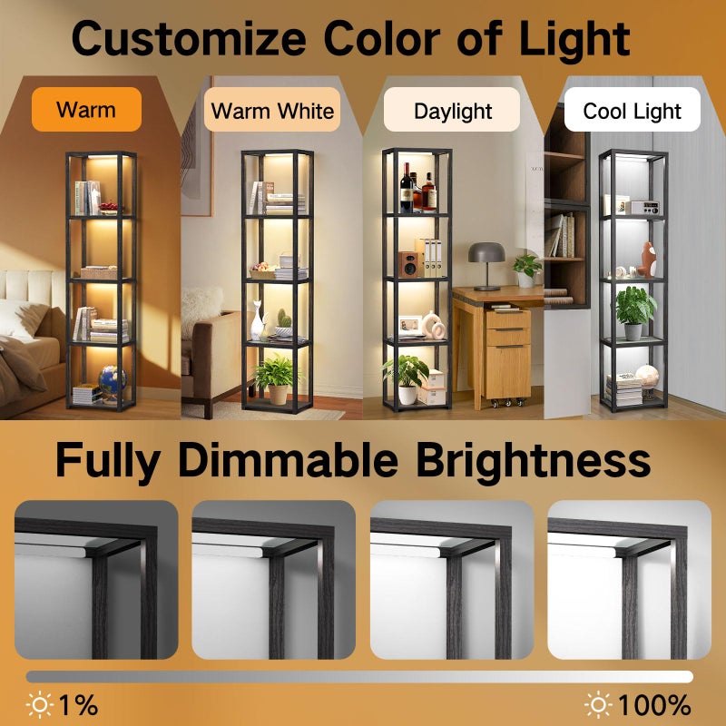OUTON 67" Glass Display Shelf with Dimmable LED Floor Lamp, Collectibles Display Cabinet with Remote & App Control, 5 Tier Open Bookshelf Lamp for Living Room, Bedroom, Office, Home Decor, Black - Image 3