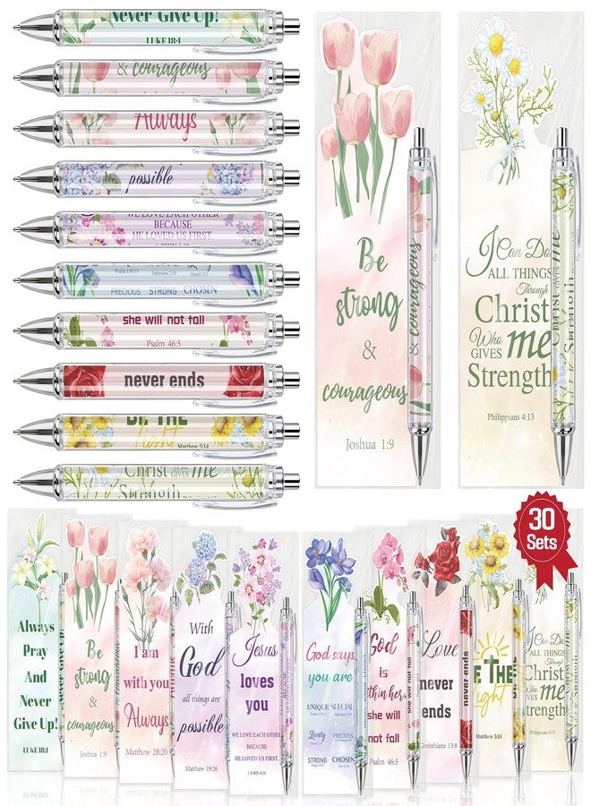 Stuffygreenus 30 Sets Christian Bible Verse Pens Gifts Bulk with Bookmarks Inspirational Scripture Pens Religious Ballpoint Pen with Black Ink Floral Design for Prayers Women Church Gifts (Floral) - Image 1