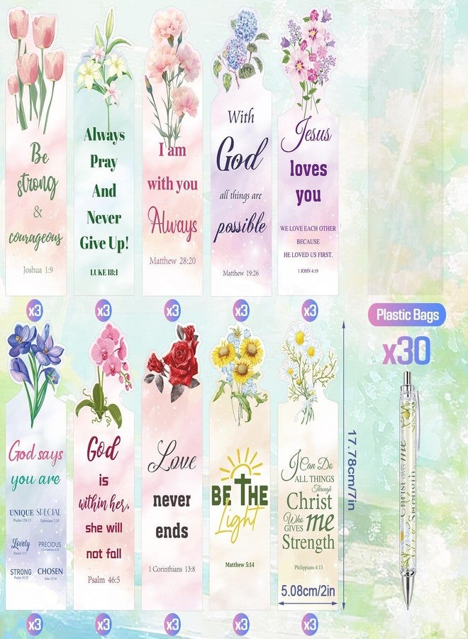Stuffygreenus 30 Sets Christian Bible Verse Pens Gifts Bulk with Bookmarks Inspirational Scripture Pens Religious Ballpoint Pen with Black Ink Floral Design for Prayers Women Church Gifts (Floral) - Image 2