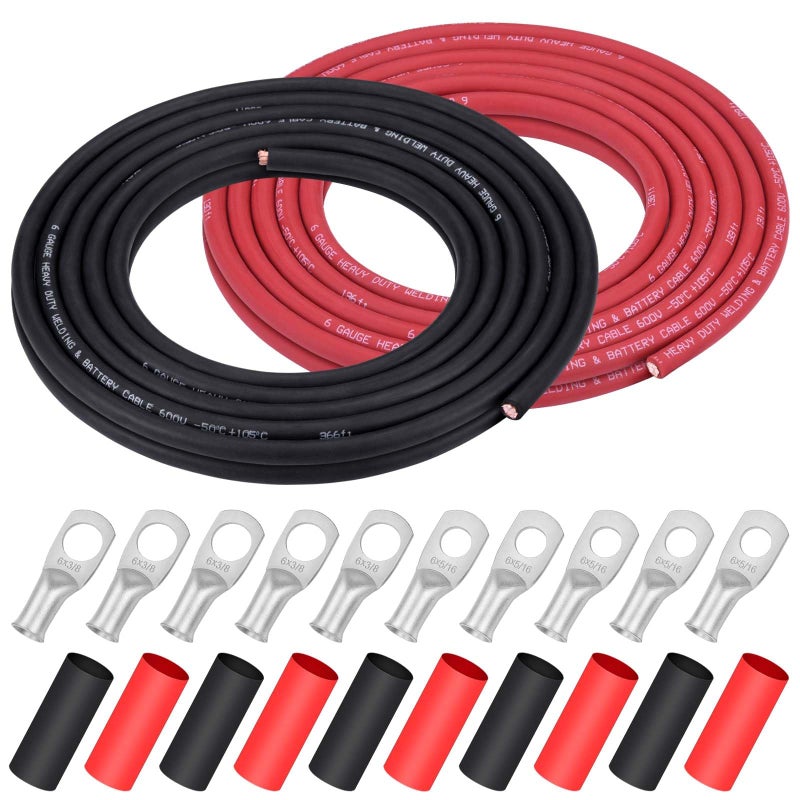 iGreely 6 Gauge 6 AWG Wire 20 Feet Black  20 Feet Red Welding Battery Pure Copper Ultra Flexible Cable  5pcs of 516  5pcs 38 Copper Cable Lug Terminal ConnectorsHeat Shrink Tubing