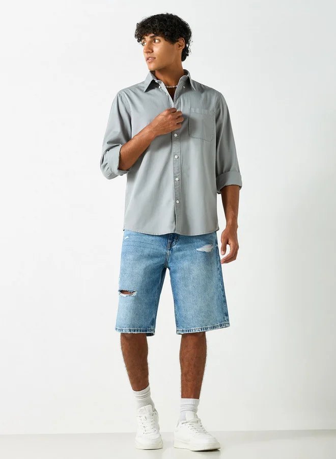 لي كوبر قميص سادة بأكمام طويلة وجيب من لي كوبر