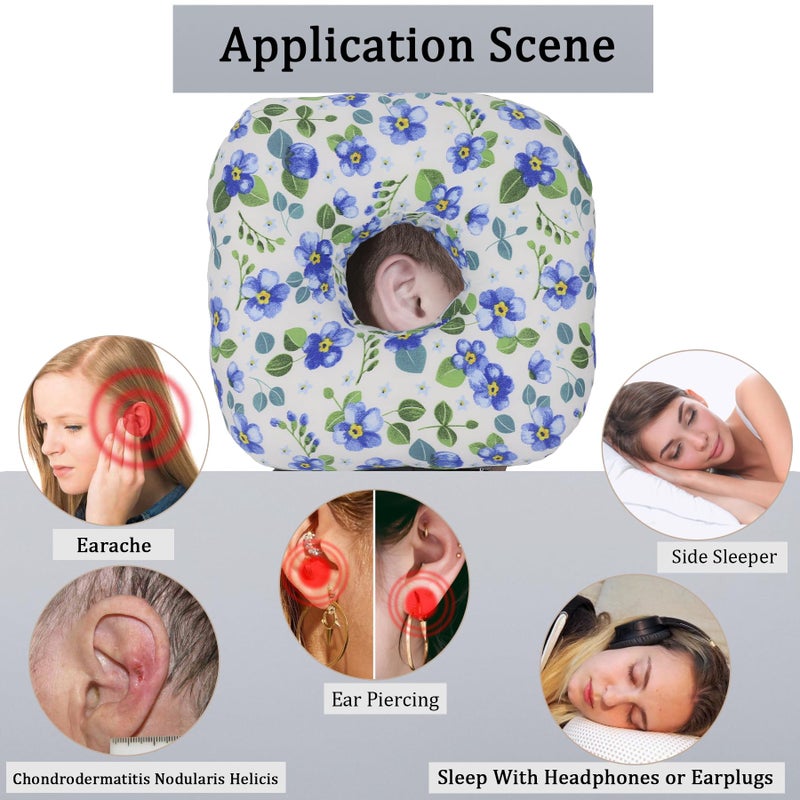 Wuronsa Ear Piercing Pillow for Side Sleepers, Pillow with an Ear Hole for CNH and Ear Pain Ear Inflammation Pressure Sores, O-Shaped Side Sleeping Pillow, Ear Guard Pillow (Blue Flowers) - Image 2