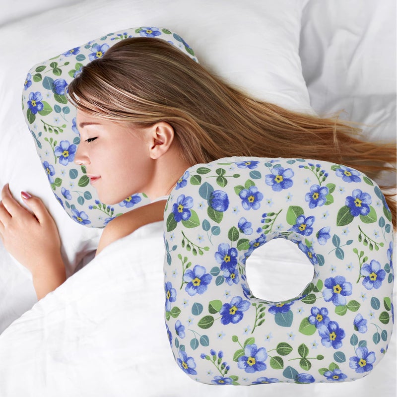 Wuronsa Ear Piercing Pillow for Side Sleepers, Pillow with an Ear Hole for CNH and Ear Pain Ear Inflammation Pressure Sores, O-Shaped Side Sleeping Pillow, Ear Guard Pillow (Blue Flowers) - Image 1