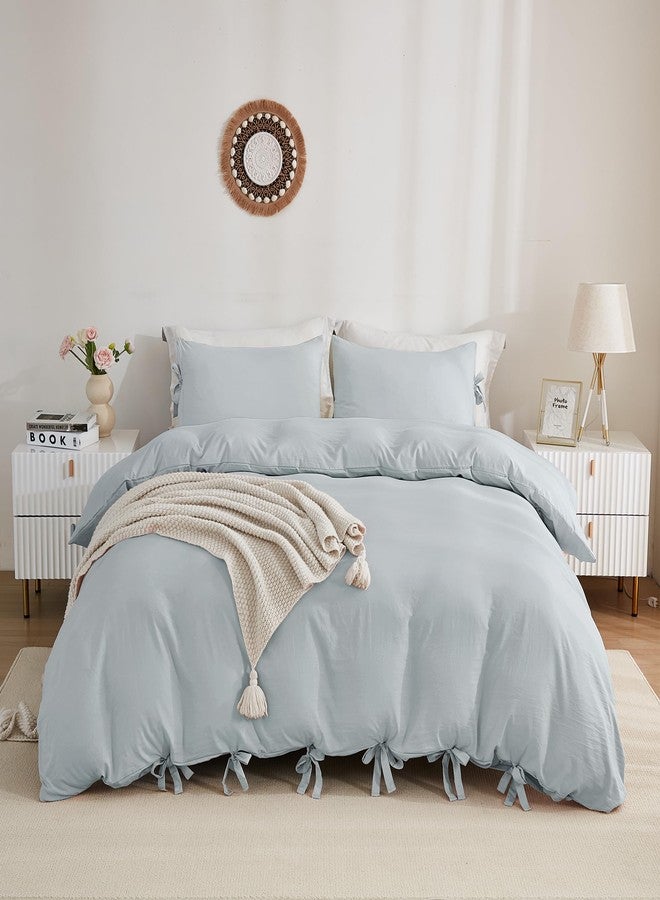 annadaif Cornflower Blue Cover Queen Size, 3 Pieces Soft Washed Microfiber Duvet Cover Set, Comforter Cover with Bowknot Bow Tie (1 Duvet Cover 90x90 Inch, 2 Pillowcases) Easy Care Bedding Set - Image 1