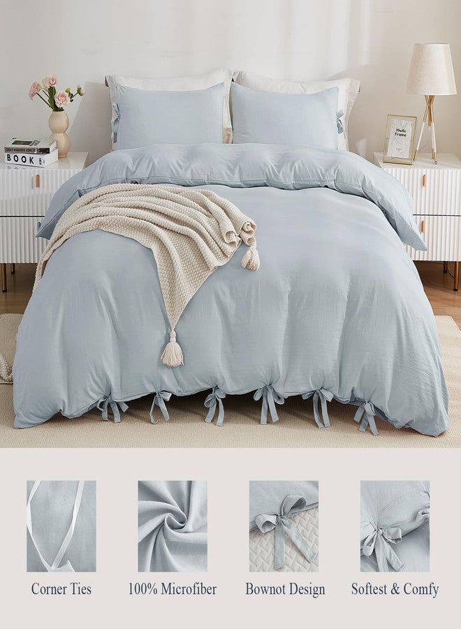 annadaif Cornflower Blue Cover Queen Size, 3 Pieces Soft Washed Microfiber Duvet Cover Set, Comforter Cover with Bowknot Bow Tie (1 Duvet Cover 90x90 Inch, 2 Pillowcases) Easy Care Bedding Set - Image 2
