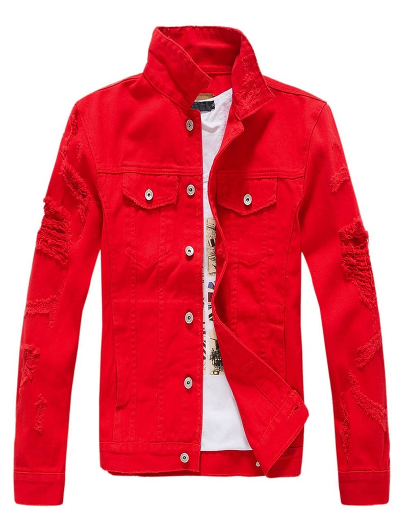 DSDZ Mens Classic Ripped Hip Hop Motorcycle Denim Jacket Red US STag asian XL