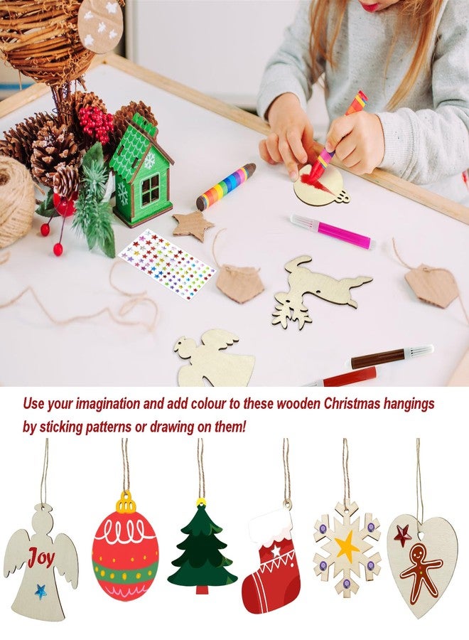 Apragaz 80 Pcs Wooden Christmas Ornaments for Crafts, 8 Styles Unfinished Wood Ornaments with Pens, Gem and Star Stickers, Blank Wood Christmas Tree Ornaments for DIY Craft Xmas Hanging Decoration - Image 4