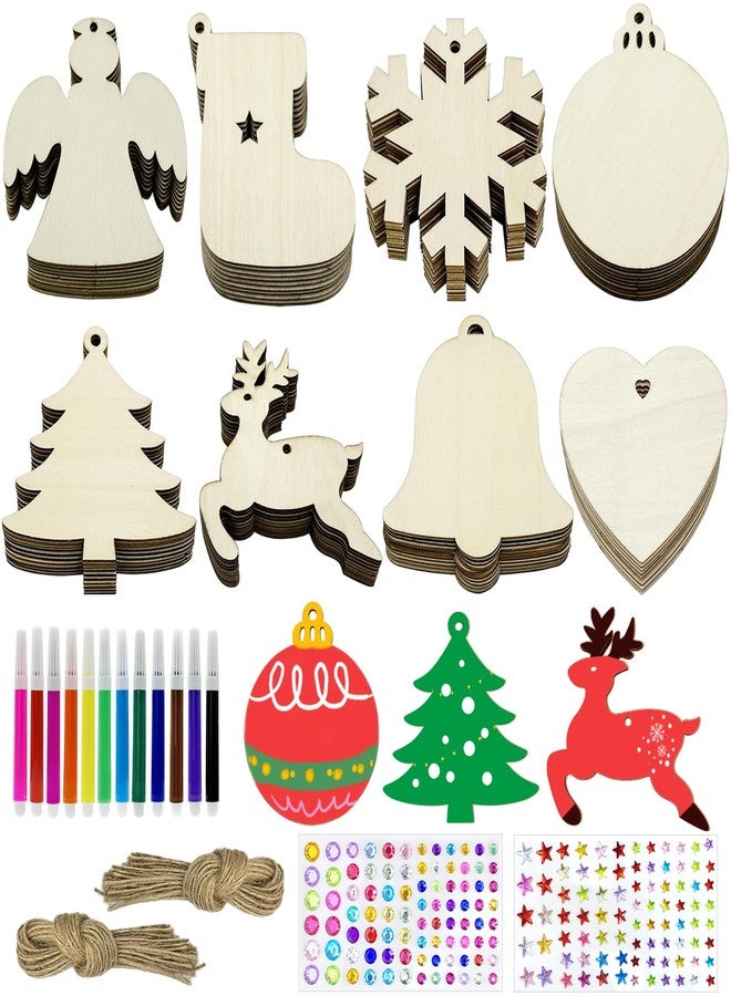 Apragaz 80 Pcs Wooden Christmas Ornaments for Crafts, 8 Styles Unfinished Wood Ornaments with Pens, Gem and Star Stickers, Blank Wood Christmas Tree Ornaments for DIY Craft Xmas Hanging Decoration - Image 1