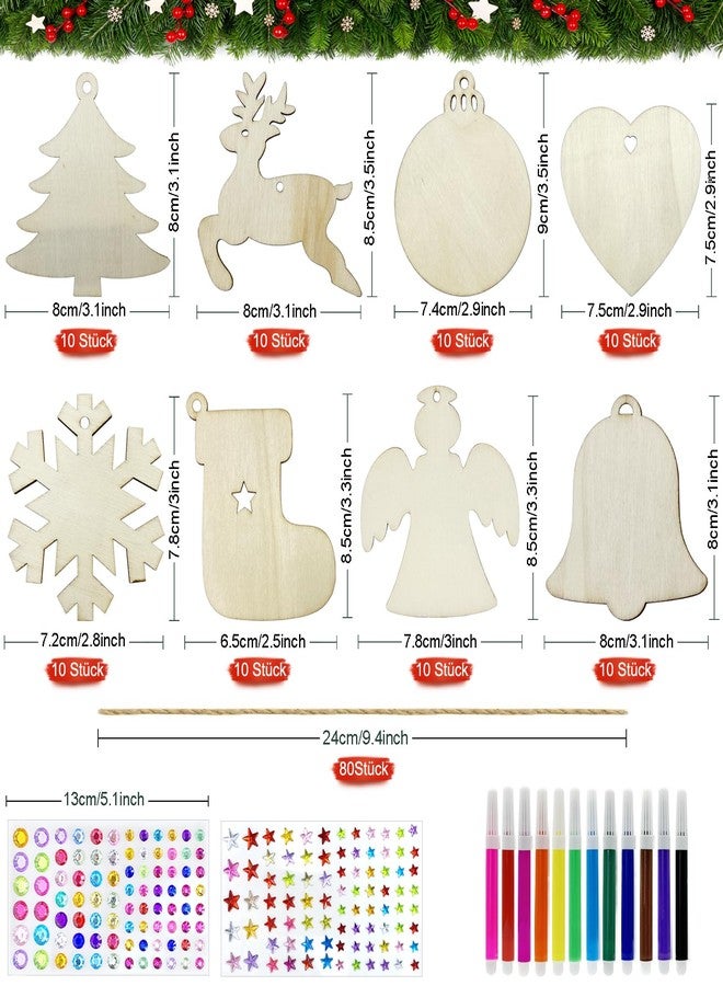 Apragaz 80 Pcs Wooden Christmas Ornaments for Crafts, 8 Styles Unfinished Wood Ornaments with Pens, Gem and Star Stickers, Blank Wood Christmas Tree Ornaments for DIY Craft Xmas Hanging Decoration - Image 2
