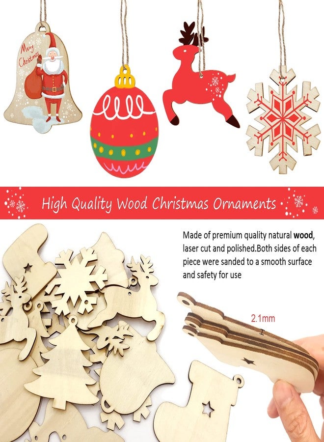 Apragaz 80 Pcs Wooden Christmas Ornaments for Crafts, 8 Styles Unfinished Wood Ornaments with Pens, Gem and Star Stickers, Blank Wood Christmas Tree Ornaments for DIY Craft Xmas Hanging Decoration - Image 3
