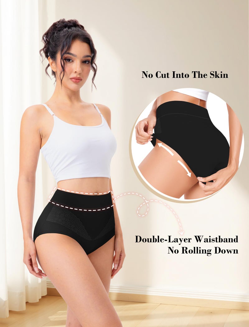 MISSWHO Black High Waisted Cotton Underwear Women, Tummy Control Briefs C Section Postpartum Ladies Panties Large, 5 Packs - Image 2