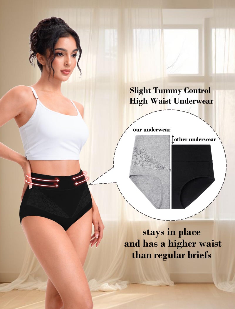 MISSWHO Black High Waisted Cotton Underwear Women, Tummy Control Briefs C Section Postpartum Ladies Panties Large, 5 Packs - Image 3