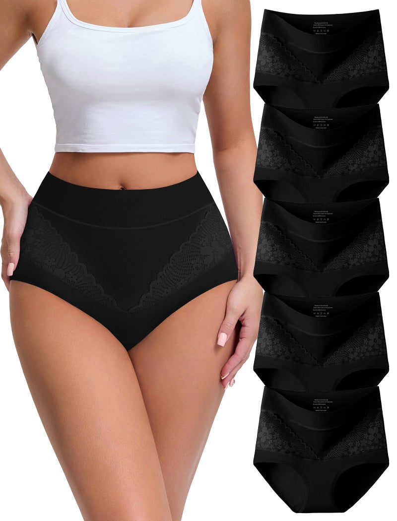 MISSWHO Black High Waisted Cotton Underwear Women, Tummy Control Briefs C Section Postpartum Ladies Panties Large, 5 Packs - Image 1