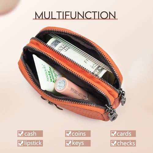 imeetu Women Leather Coin Purse, Small 2 Zippered Change Pouch Wallet(Orange) - Image 2