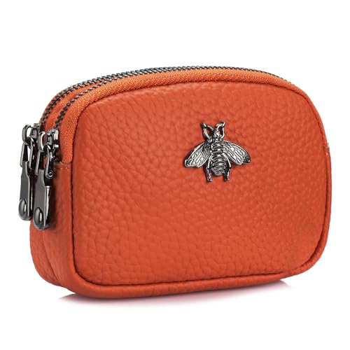 imeetu Women Leather Coin Purse, Small 2 Zippered Change Pouch Wallet(Orange) - Image 1