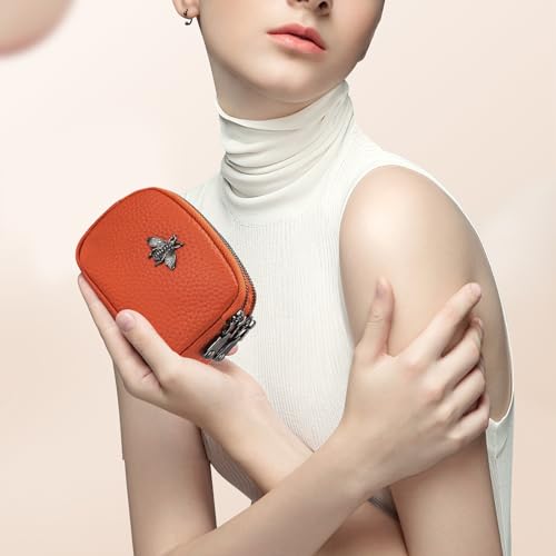 imeetu Women Leather Coin Purse, Small 2 Zippered Change Pouch Wallet(Orange) - Image 4