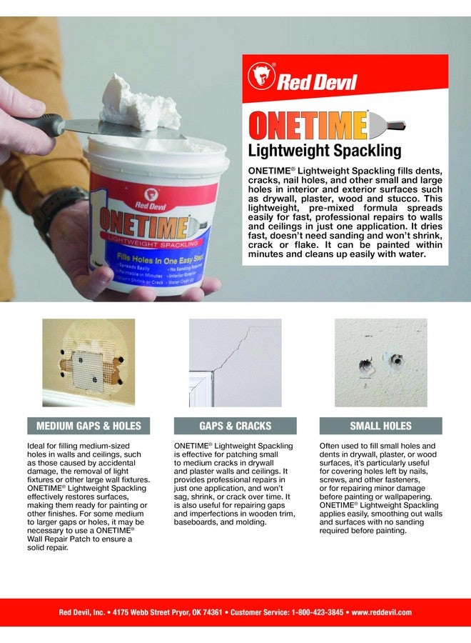 Red Devil 0542 ONETIME Lightweight Spackle Wall Repair, Spackling for Holes Drywall, 1/2 Pint, White, 8 Ounce, Made in USA - Image 3