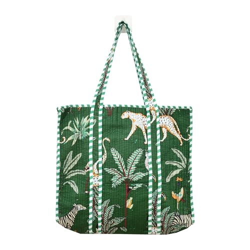 MITTICO Quilted Cotton Tote Bag for Women – Large Shoulder Handbag with Zipper & Multiple Pockets | Lightweight Travel Tote for Office, Shopping & Daily Use | Green Jungle Print - Image 1