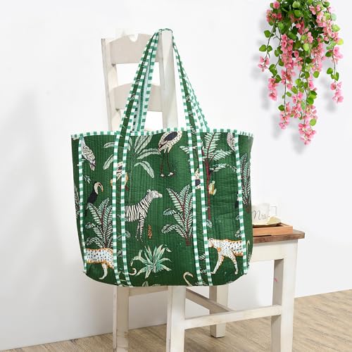 MITTICO Quilted Cotton Tote Bag for Women – Large Shoulder Handbag with Zipper & Multiple Pockets | Lightweight Travel Tote for Office, Shopping & Daily Use | Green Jungle Print - Image 2