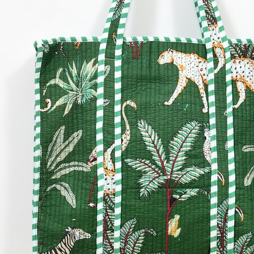 MITTICO Quilted Cotton Tote Bag for Women – Large Shoulder Handbag with Zipper & Multiple Pockets | Lightweight Travel Tote for Office, Shopping & Daily Use | Green Jungle Print - Image 5