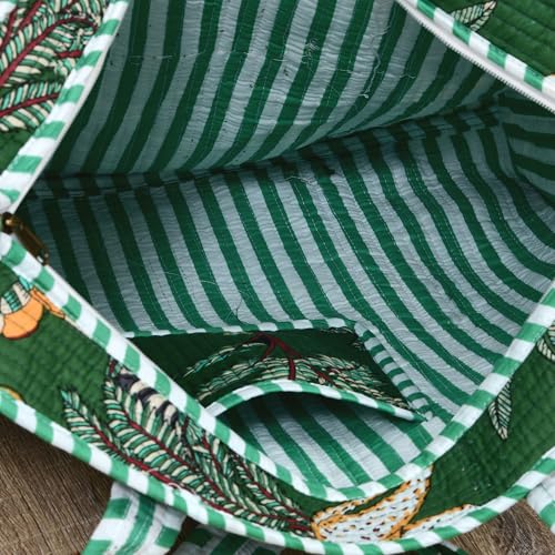 MITTICO Quilted Cotton Tote Bag for Women – Large Shoulder Handbag with Zipper & Multiple Pockets | Lightweight Travel Tote for Office, Shopping & Daily Use | Green Jungle Print - Image 4