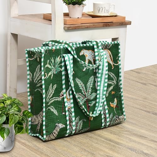 MITTICO Quilted Cotton Tote Bag for Women – Large Shoulder Handbag with Zipper & Multiple Pockets | Lightweight Travel Tote for Office, Shopping & Daily Use | Green Jungle Print - Image 3