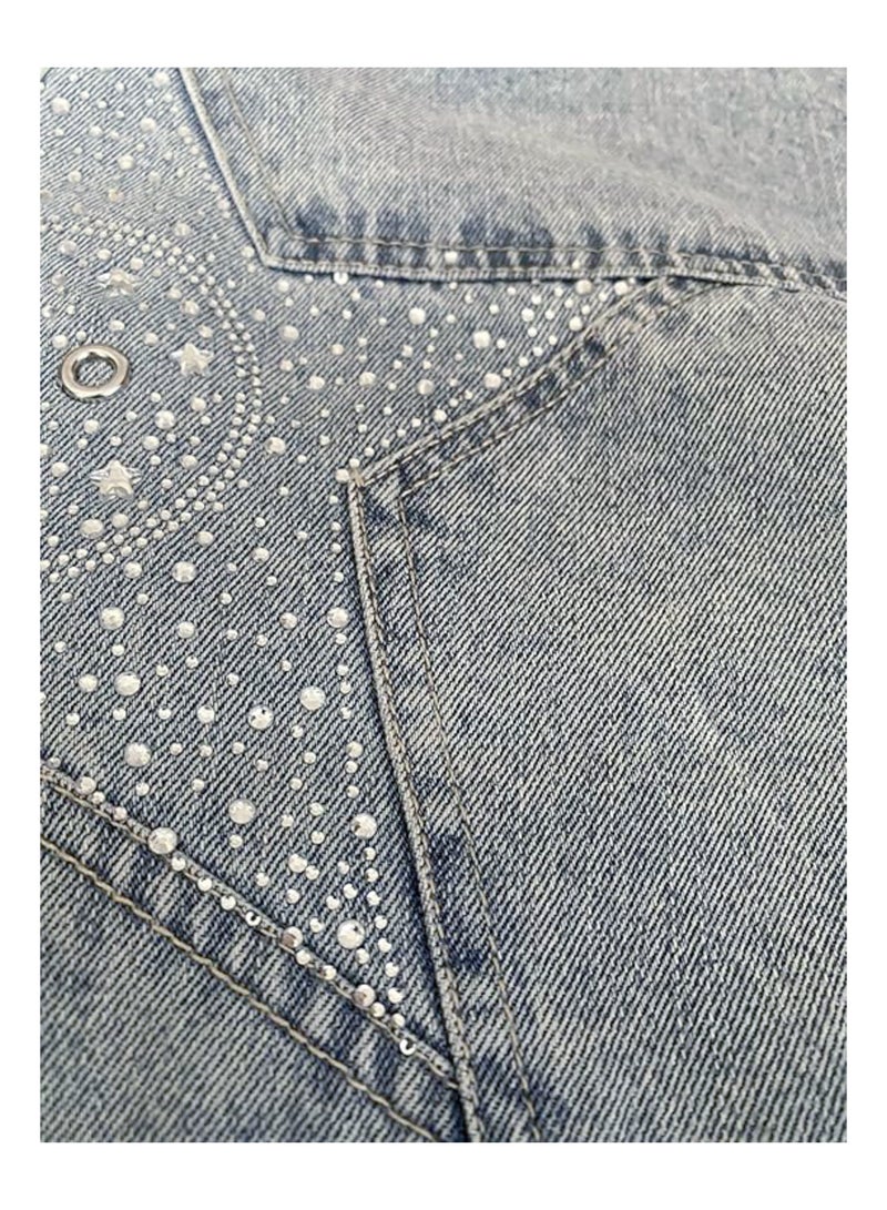 Girl's Denim Jacket Children's Fashionable Star Studded on Front Collar Shoulder Length Sleeve Outerwear(2-9 Y)  - Image 3