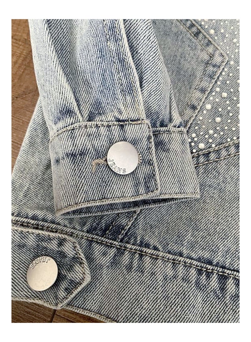 Girl's Denim Jacket Children's Fashionable Star Studded on Front Collar Shoulder Length Sleeve Outerwear(2-9 Y)  - Image 4