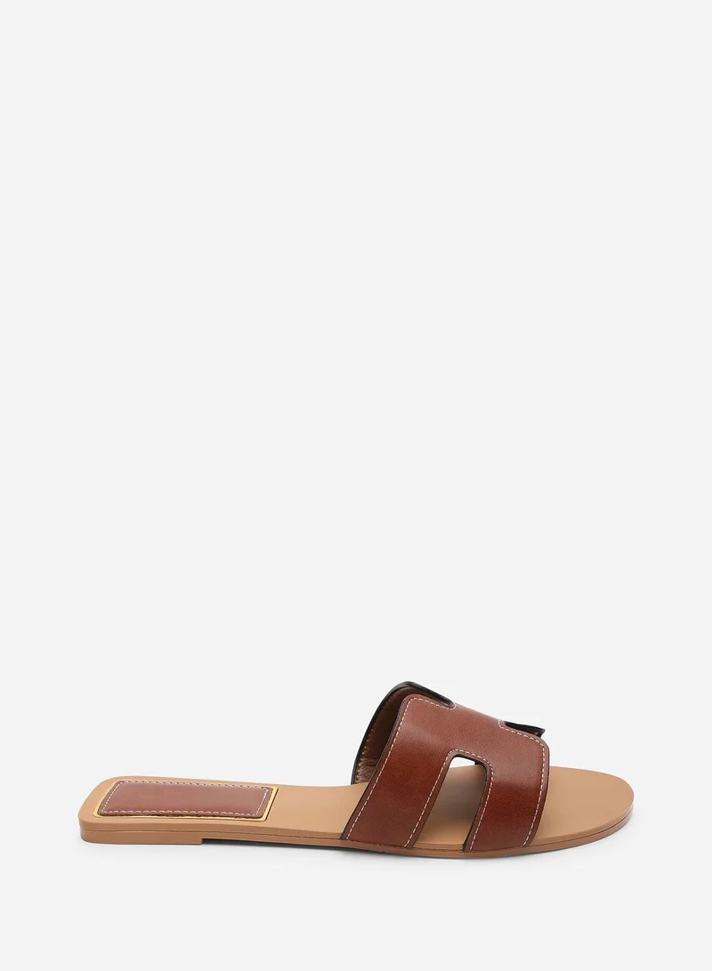 Where's That From Grazia Cut Out Design Tan Slide On Sandals With Contrast Stitching