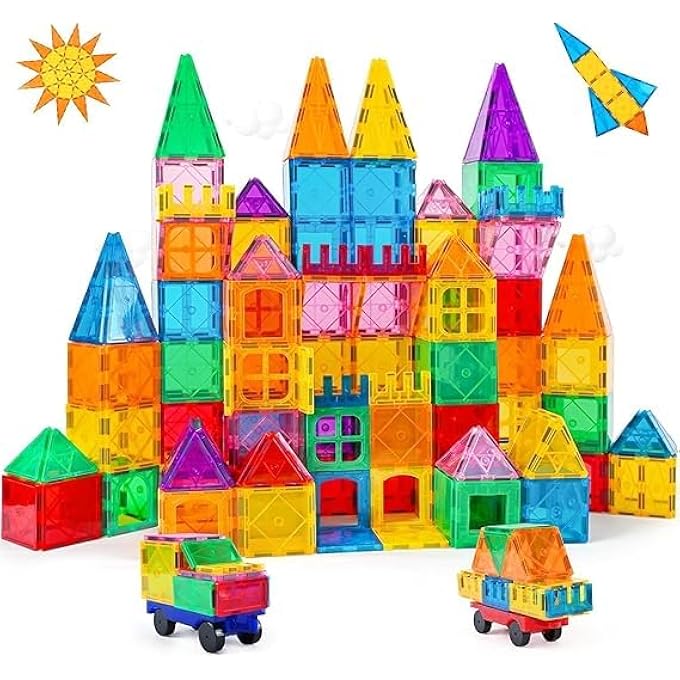 PREMIUM MAGNETIC TILES FOR KIDS, 3D BUILDING BLOCKS CONSTRUCTIONAL SET - UNLEASH LIMITLESS CREATIVITY AND STEM LEARNING, DELUXE SET WITH 2 CARS 9918B - Image 1