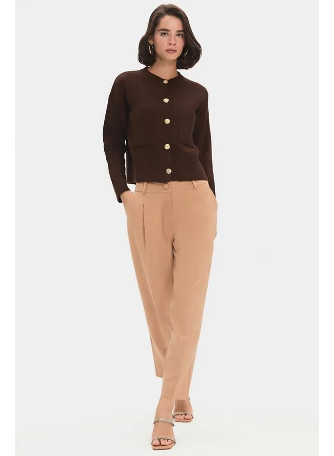جون June Women Pocket Gold Button Detailed Knitwear Cardigan Brown