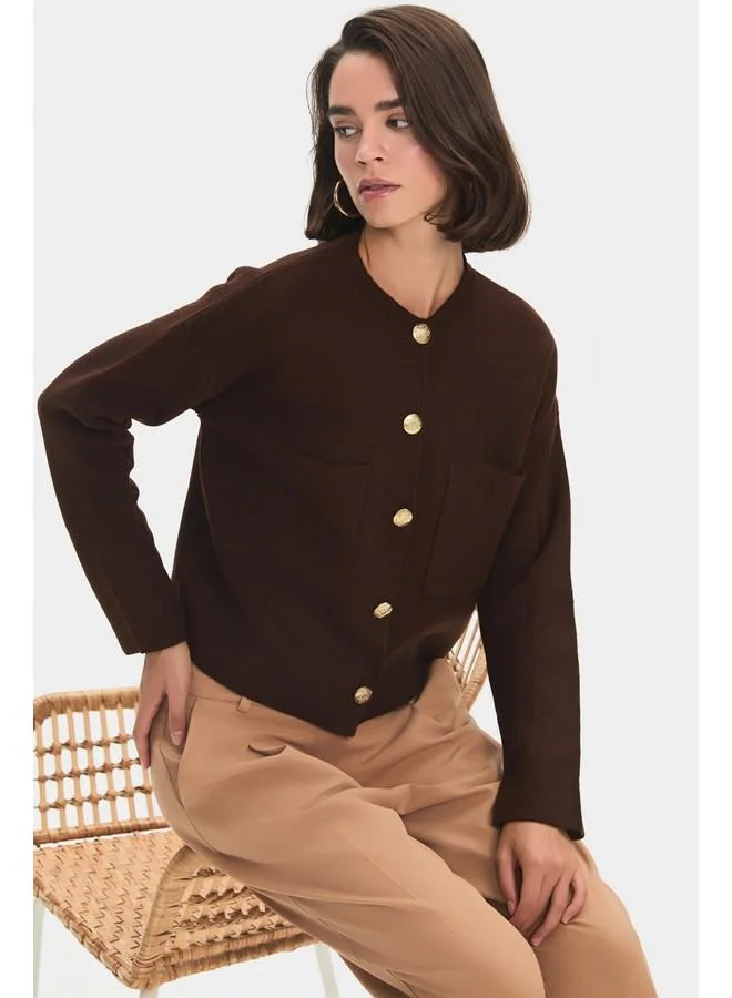 جون June Women Pocket Gold Button Detailed Knitwear Cardigan Brown