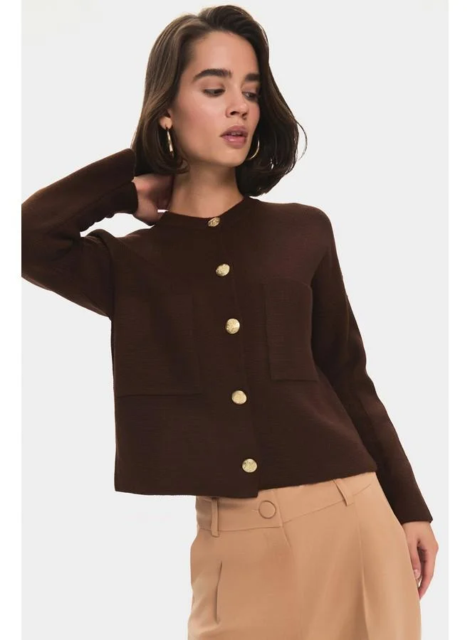 جون June Women Pocket Gold Button Detailed Knitwear Cardigan Brown