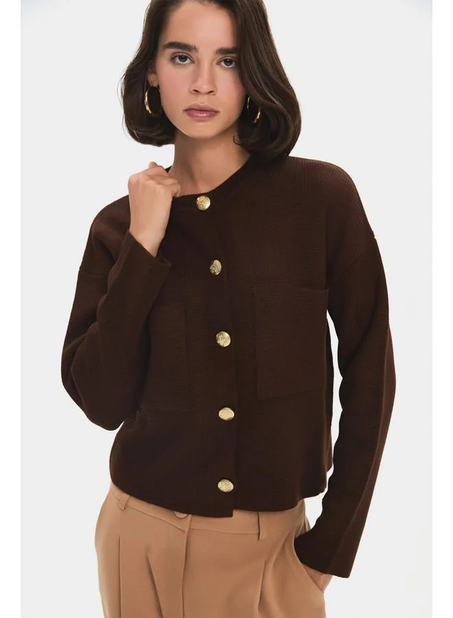 جون June Women Pocket Gold Button Detailed Knitwear Cardigan Brown