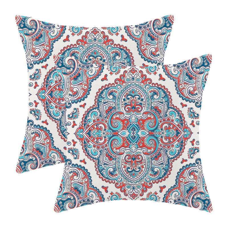 AEIOAE Aqua Teal Boho Pillow Covers 18x18 Inch Set of 2 Burnt Orange Carpet Pattern Throw Pillows Case Ethnic Design Retro Outdoor Decorative Square Linen Farmhouse Decor Cushion Covers for Sofa Couch - Image 1