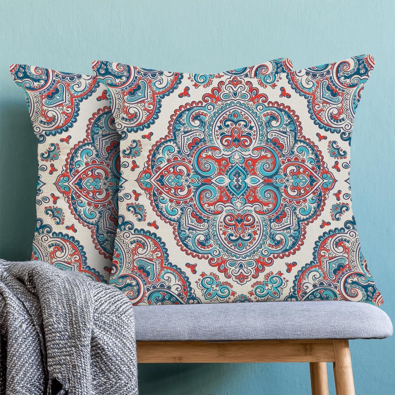 AEIOAE Aqua Teal Boho Pillow Covers 18x18 Inch Set of 2 Burnt Orange Carpet Pattern Throw Pillows Case Ethnic Design Retro Outdoor Decorative Square Linen Farmhouse Decor Cushion Covers for Sofa Couch - Image 2