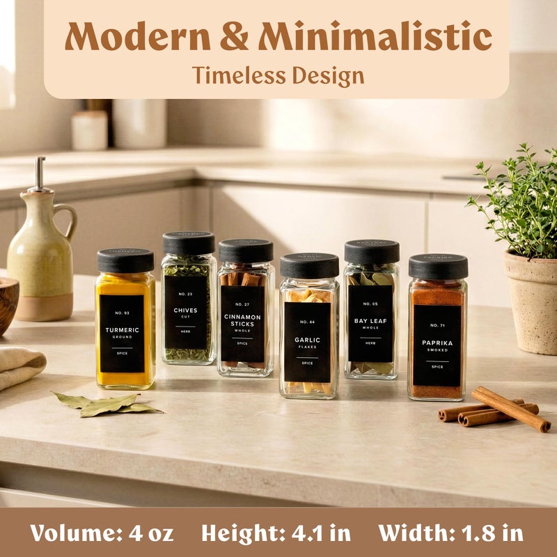 EDELHAUS Glass Spice Jars with Labels (24 x 4oz) Spice Containers with 240 Labels, Shaker Inserts, Funnel, Empty Square Empty Square Seasoning Organizer (Black Lids) - Image 2