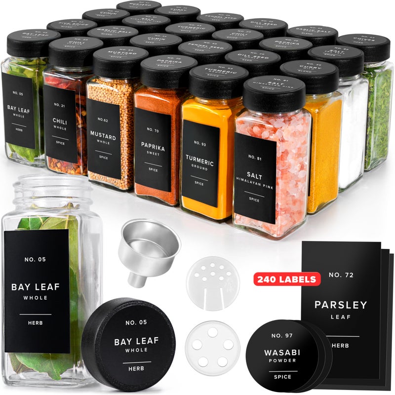 EDELHAUS Glass Spice Jars with Labels (24 x 4oz) Spice Containers with 240 Labels, Shaker Inserts, Funnel, Empty Square Empty Square Seasoning Organizer (Black Lids) - Image 1