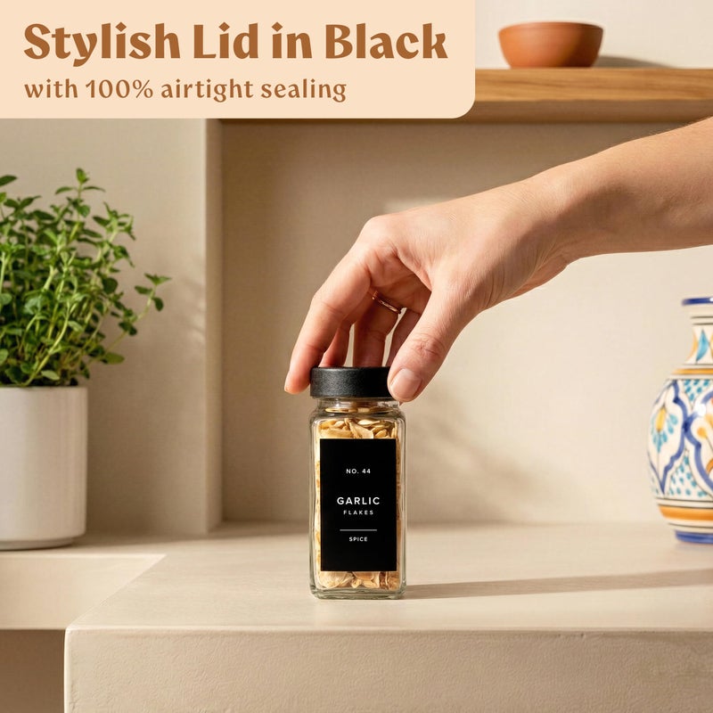 EDELHAUS Glass Spice Jars with Labels (24 x 4oz) Spice Containers with 240 Labels, Shaker Inserts, Funnel, Empty Square Empty Square Seasoning Organizer (Black Lids) - Image 5