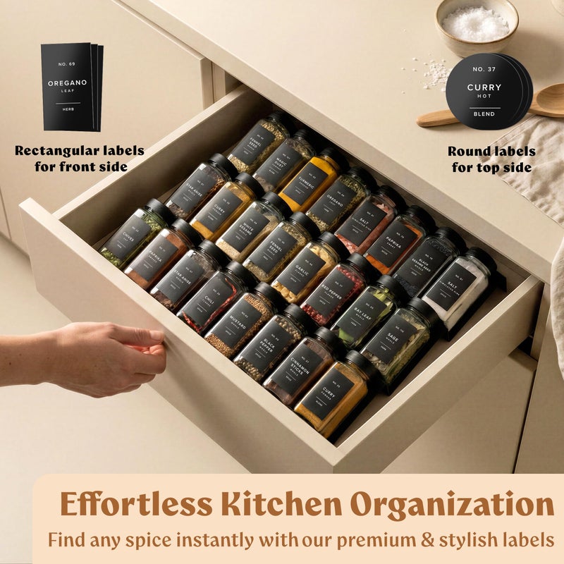 EDELHAUS Glass Spice Jars with Labels (24 x 4oz) Spice Containers with 240 Labels, Shaker Inserts, Funnel, Empty Square Empty Square Seasoning Organizer (Black Lids) - Image 3