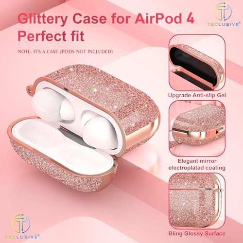 T Teclusive Luxurious Shimmery Glitter Fancy Case Cover Compatible for Airpods 4 with Ring Holder | Shining Diamond Stone Design Case (Rose Gold) - Image 4