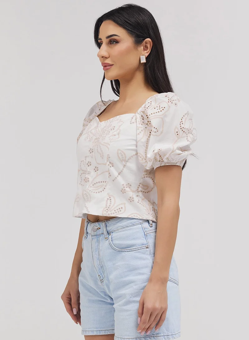 Zigzag Puff Sleeve Front Open Cutlon Top