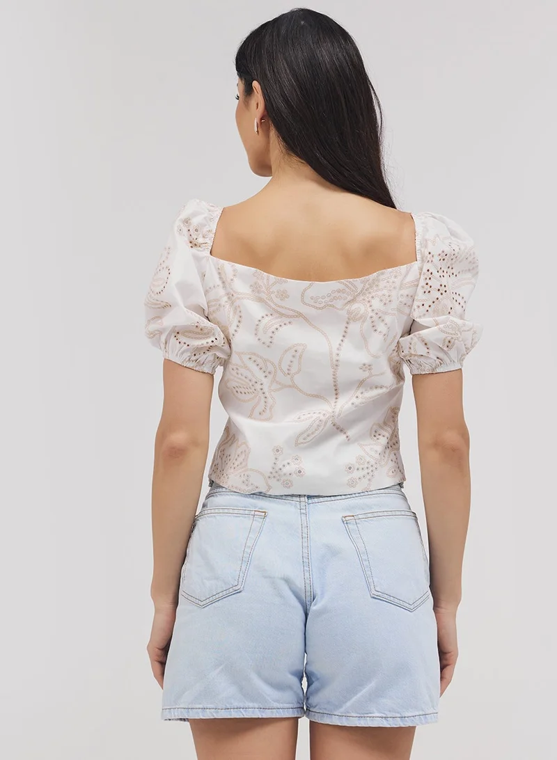 Zigzag Puff Sleeve Front Open Cutlon Top