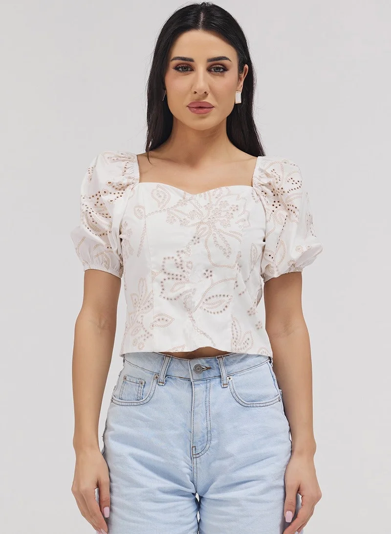 Zigzag Puff Sleeve Front Open Cutlon Top